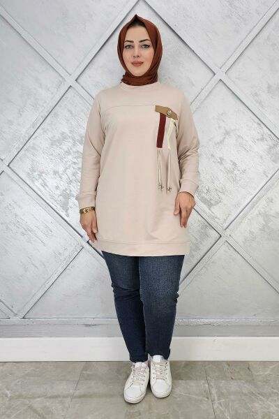 KADIN KOMBİN VE BAĞCIK DETAYLI TESETTÜR TUNİK BEJ - 2XL