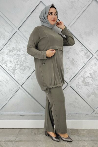 KADIN TAŞ DETALI BAĞCIKLI TESETTÜR TAKIM HAKİ - 2 BEDEN