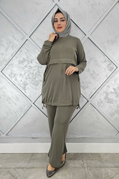 KADIN TAŞ DETALI BAĞCIKLI TESETTÜR TAKIM HAKİ - 2 BEDEN