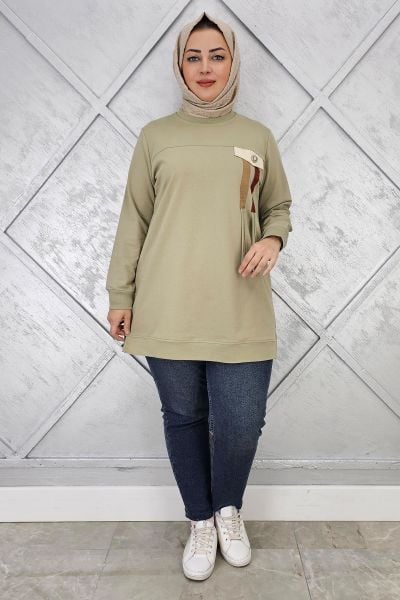 KADIN KOMBİN VE BAĞCIK DETAYLI TESETTÜR TUNİK MİNT YEŞİLİ - XL