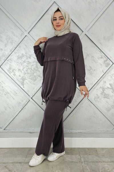KADIN TAŞ DETALI BAĞCIKLI TESETTÜR TAKIM KAHVERENGİ - 4 BEDEN