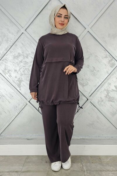 KADIN TAŞ DETALI BAĞCIKLI TESETTÜR TAKIM KAHVERENGİ - 3 BEDEN