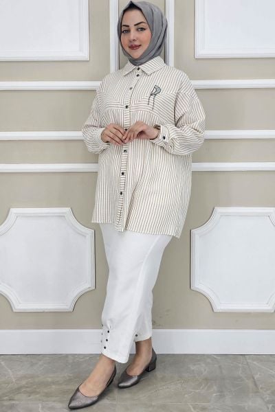 PYS KADIN ÇİZGİLİ BROŞ DETAYLI TESETTÜR GÖMLEK CAMEL - 2 BEDEN