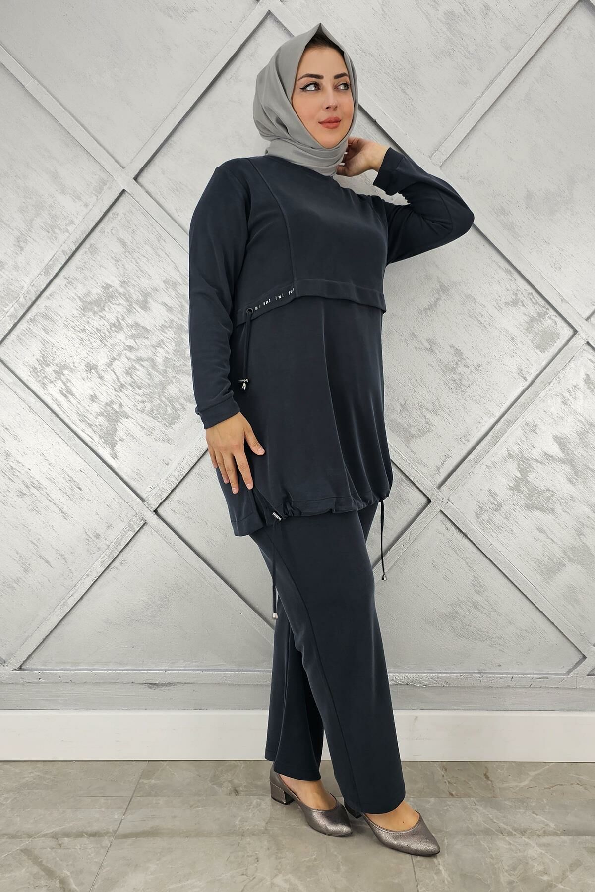 KADIN TAŞ DETALI BAĞCIKLI TESETTÜR TAKIM SİYAH - 4 BEDEN