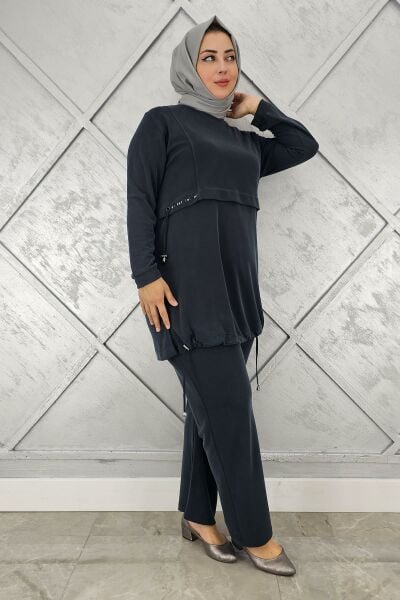 KADIN TAŞ DETALI BAĞCIKLI TESETTÜR TAKIM SİYAH - 4 BEDEN