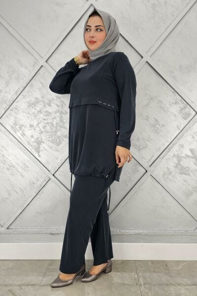 KADIN TAŞ DETALI BAĞCIKLI TESETTÜR TAKIM SİYAH - 4 BEDEN