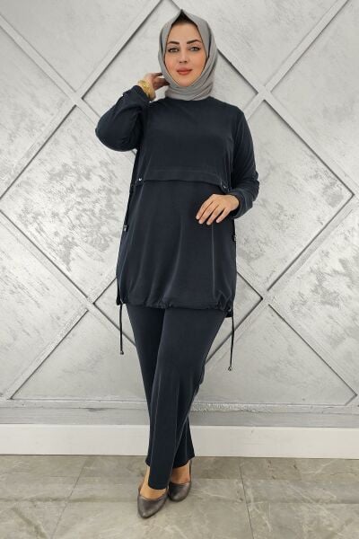 KADIN TAŞ DETALI BAĞCIKLI TESETTÜR TAKIM SİYAH - 4 BEDEN