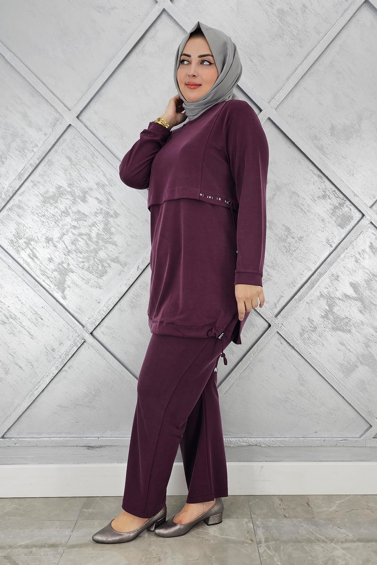 KADIN TAŞ DETALI BAĞCIKLI TESETTÜR TAKIM BORDO - 2 BEDEN