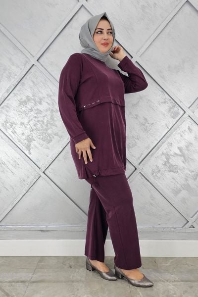 KADIN TAŞ DETALI BAĞCIKLI TESETTÜR TAKIM BORDO - 2 BEDEN