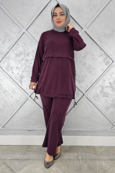 KADIN TAŞ DETALI BAĞCIKLI TESETTÜR TAKIM BORDO - 2 BEDEN