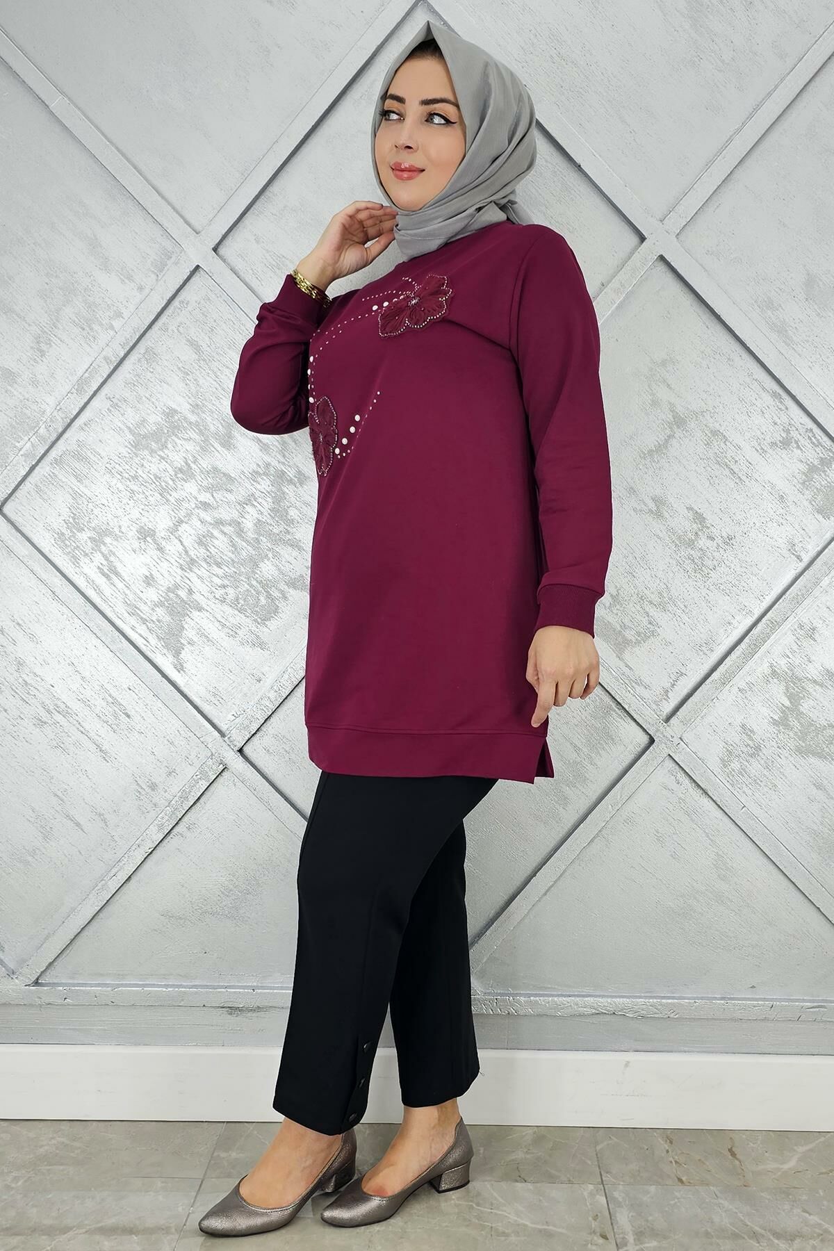 KADIN DİKME ÇİÇEK VE TAŞ DETAYLI TESETTÜR TUNİK BORDO - 4 BEDEN