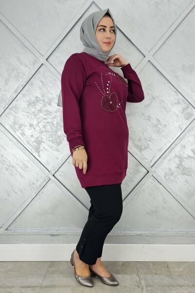 KADIN DİKME ÇİÇEK VE TAŞ DETAYLI TESETTÜR TUNİK BORDO - 4 BEDEN