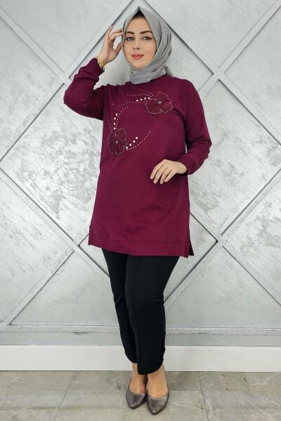 KADIN DİKME ÇİÇEK VE TAŞ DETAYLI TESETTÜR TUNİK BORDO - 4 BEDEN