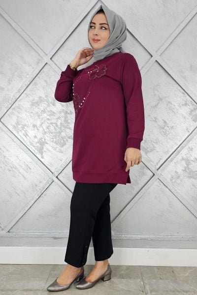 KADIN DİKME ÇİÇEK VE TAŞ DETAYLI TESETTÜR TUNİK BORDO - 2 BEDEN