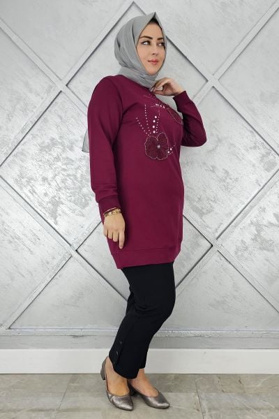 KADIN DİKME ÇİÇEK VE TAŞ DETAYLI TESETTÜR TUNİK BORDO - 2 BEDEN