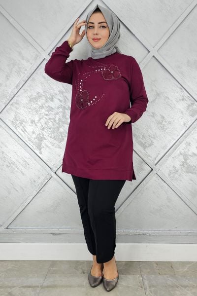 KADIN DİKME ÇİÇEK VE TAŞ DETAYLI TESETTÜR TUNİK BORDO - 2 BEDEN