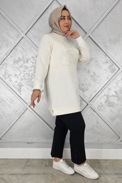 KADIN DİKME ÇİÇEK VE TAŞ DETAYLI TESETTÜR TUNİK EKRU - 4 BEDEN