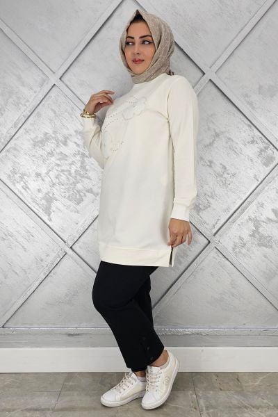 KADIN DİKME ÇİÇEK VE TAŞ DETAYLI TESETTÜR TUNİK EKRU - 4 BEDEN