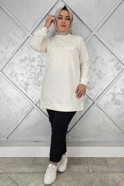 KADIN DİKME ÇİÇEK VE TAŞ DETAYLI TESETTÜR TUNİK EKRU - 4 BEDEN