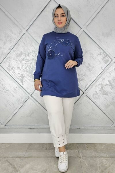 KADIN DİKME ÇİÇEK VE TAŞ DETAYLI TESETTÜR TUNİK İNDİGO - 5 BEDEN