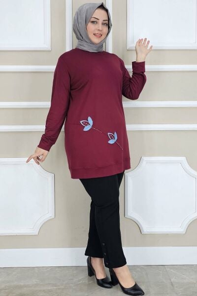 PYS KADIN ÇİÇEK DİKME DETAYLI TESETTÜR TUNİK BORDO - 3 BEDEN