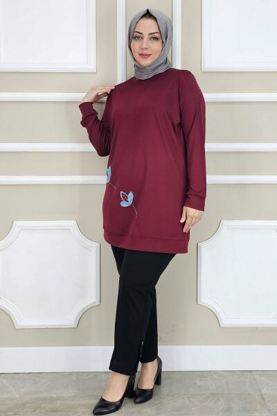 PYS KADIN ÇİÇEK DİKME DETAYLI TESETTÜR TUNİK BORDO - 3 BEDEN