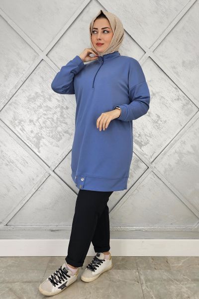 KADIN ÇIT ÇIT DETAYLI TESETTÜR TUNİK İNDİGO - 5 BEDEN