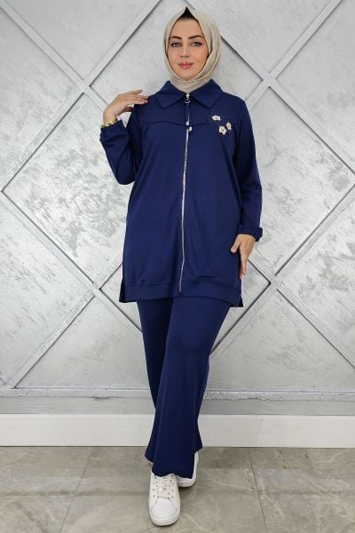 KADIN FERMUARLI ÇİÇEK DETAYLI TESETTÜR TAKIM PARLEMENT - 3 BEDEN