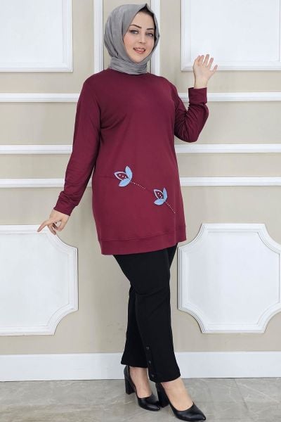 KADIN ÇİÇEK DİKME DETAYLI TESETTÜR TUNİK BORDO - 5 BEDEN