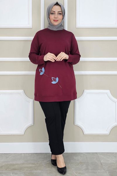 KADIN ÇİÇEK DİKME DETAYLI TESETTÜR TUNİK BORDO - 5 BEDEN