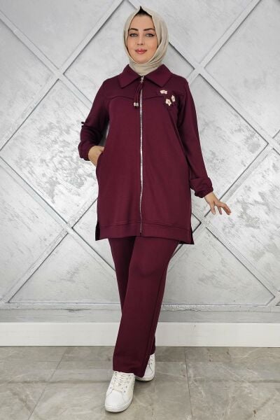 KADIN FERMUARLI ÇİÇEK DETAYLI TESETTÜR TAKIM BORDO - 4 BEDEN