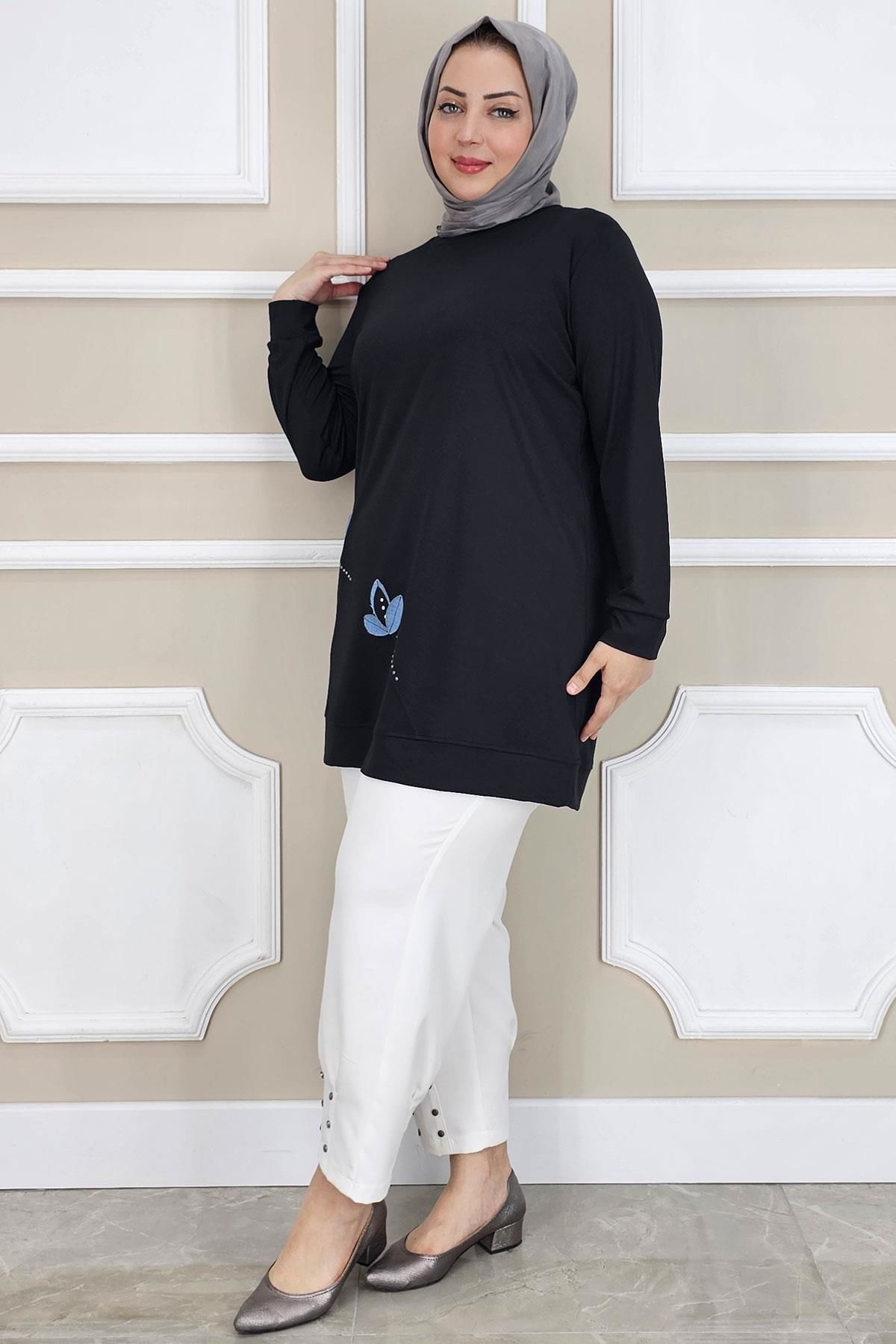 PYS KADIN ÇİÇEK DİKME DETAYLI TESETTÜR TUNİK SİYAH - 2 BEDEN