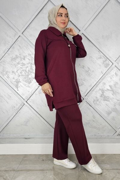 KADIN FERMUARLI ÇİÇEK DETAYLI TESETTÜR TAKIM BORDO - 5 BEDEN