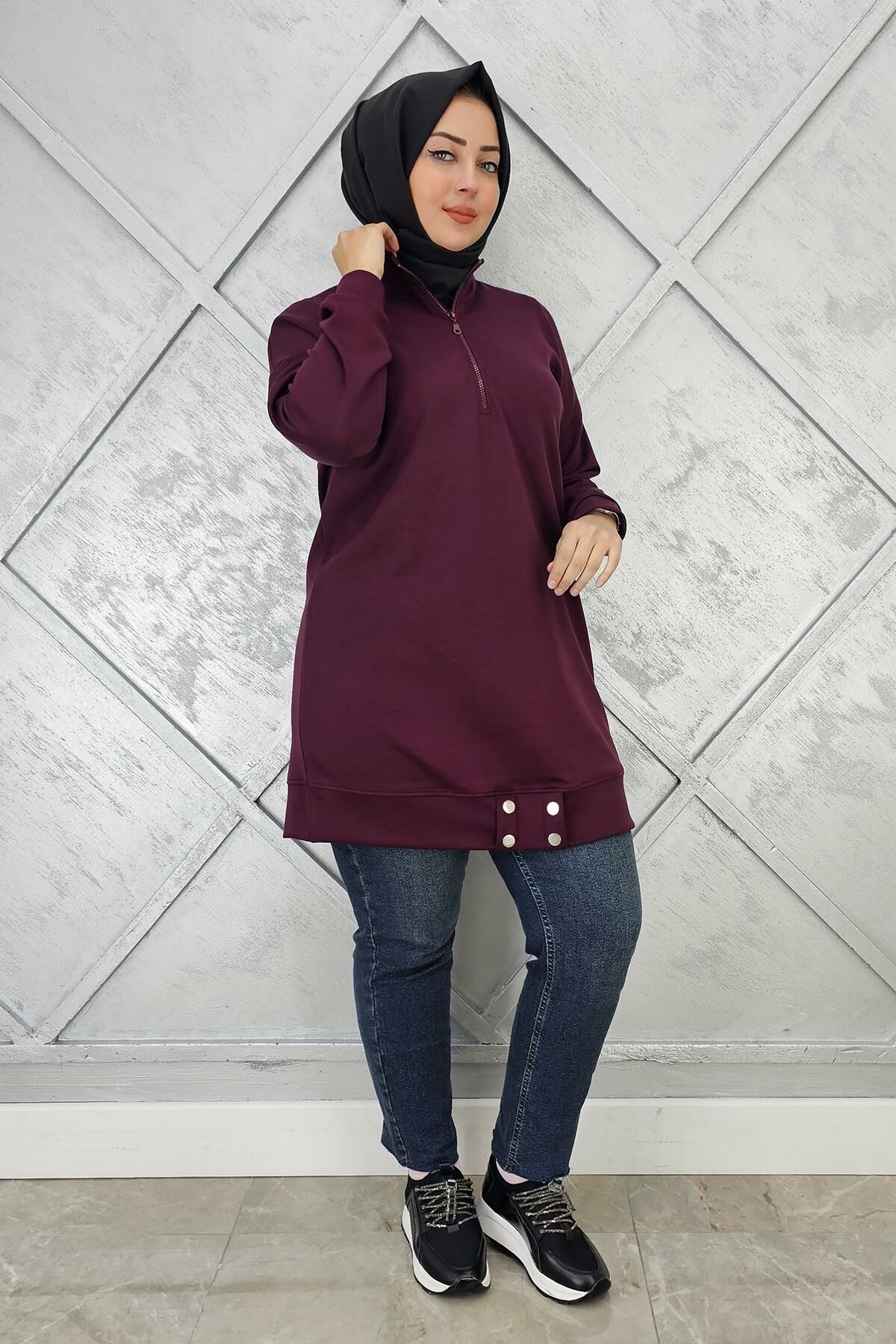 KADIN ÇIT ÇIT DETAYLI TESETTÜR TUNİK BORDO - 2 BEDEN