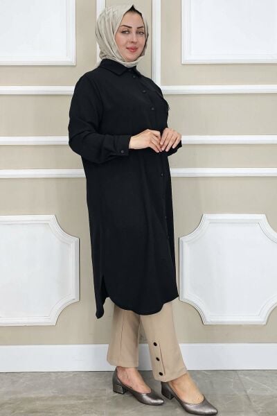KADIN CEBİ PÜSKÜL DETAYLI TESETTÜR GÖMLEK SİYAH - 2 BEDEN