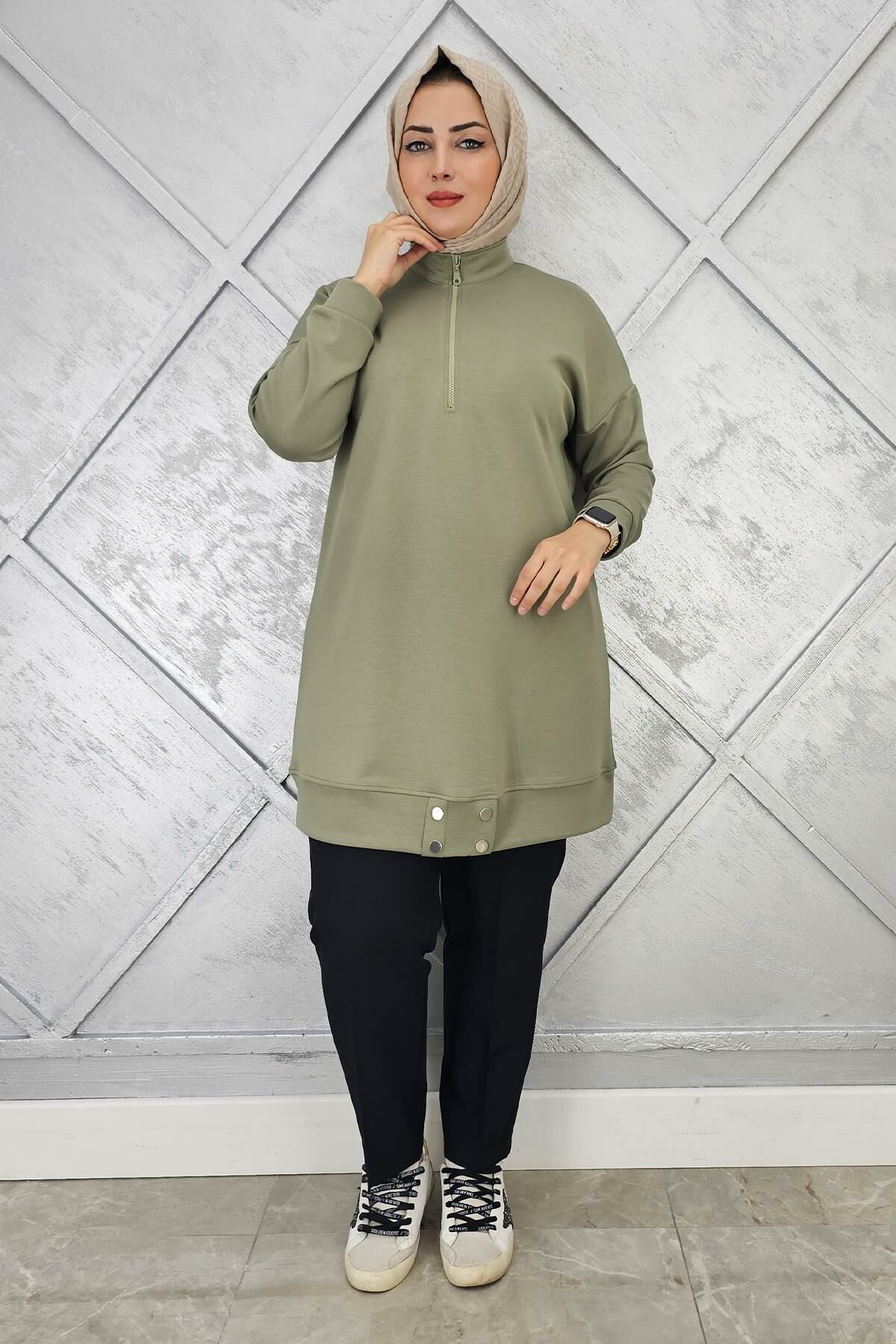 KADIN ÇIT ÇIT DETAYLI TESETTÜR TUNİK HAKİ - 4 BEDEN