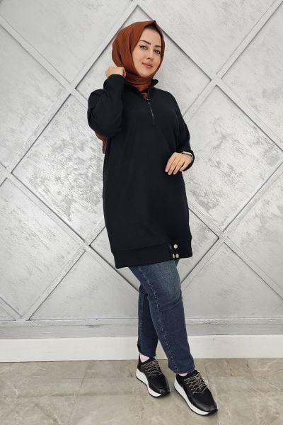 KADIN ÇIT ÇIT DETAYLI TESETTÜR TUNİK SİYAH - 2 BEDEN