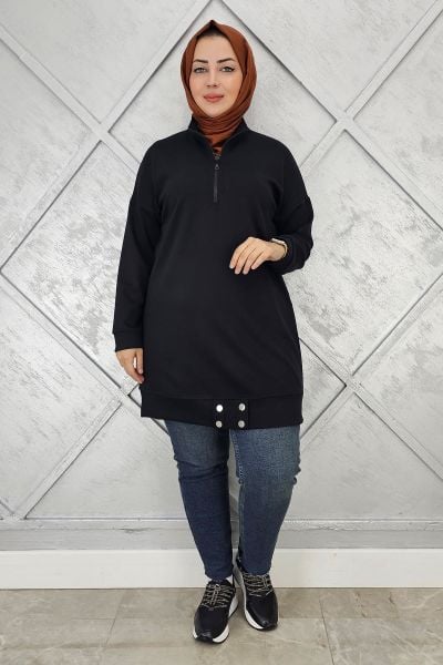 KADIN ÇIT ÇIT DETAYLI TESETTÜR TUNİK SİYAH - 2 BEDEN
