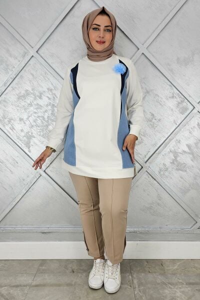 KADIN KOMBİNLİ TÜL ÇİÇEK DETAYLI TESETTÜR TUNİK EKRU - 5 BEDEN