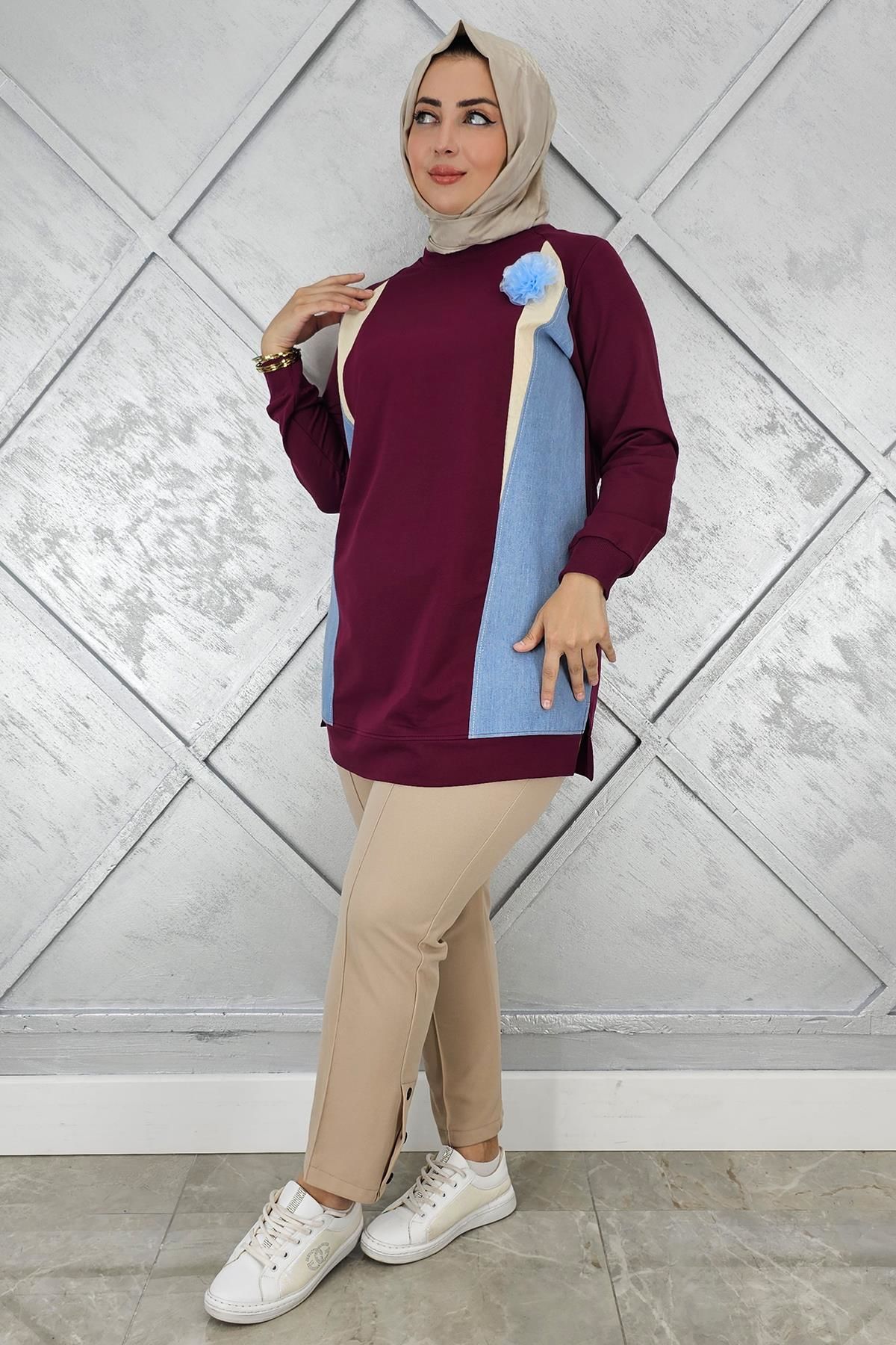 KADIN KOMBİNLİ TÜL ÇİÇEK DETAYLI TESETTÜR TUNİK BORDO - 3 BEDEN