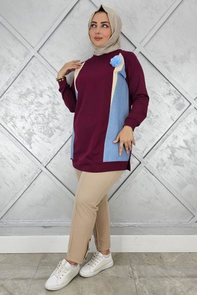 KADIN KOMBİNLİ TÜL ÇİÇEK DETAYLI TESETTÜR TUNİK BORDO - 3 BEDEN