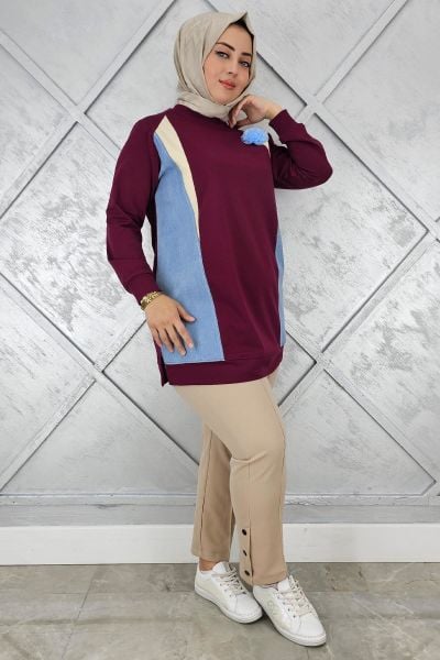 KADIN KOMBİNLİ TÜL ÇİÇEK DETAYLI TESETTÜR TUNİK BORDO - 3 BEDEN