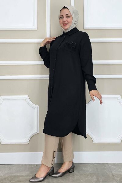 PYS KADIN CEBİ PÜSKÜL DETAYLI TESETTÜR GÖMLEK SİYAH - 3 BEDEN