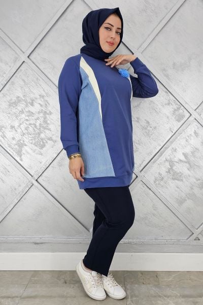 KADIN KOMBİNLİ TÜL ÇİÇEK DETAYLI TESETTÜR TUNİK İNDİGO - 4 BEDEN