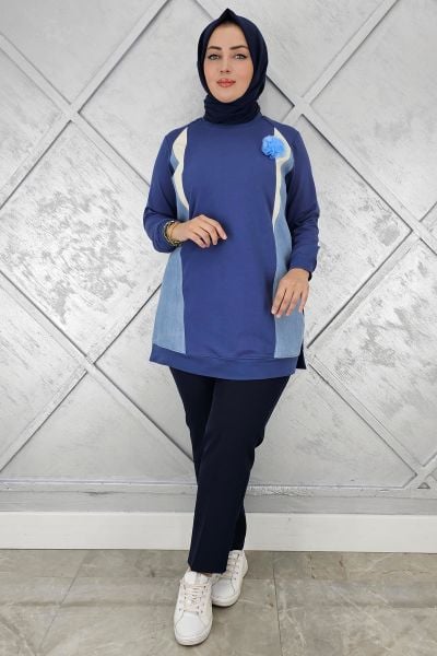 KADIN KOMBİNLİ TÜL ÇİÇEK DETAYLI TESETTÜR TUNİK İNDİGO - 4 BEDEN