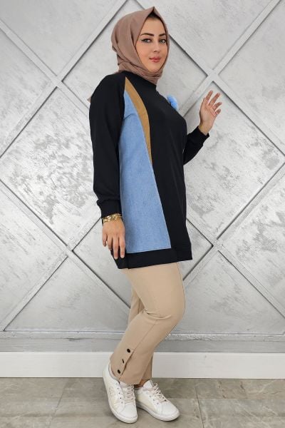 KADIN KOMBİNLİ TÜL ÇİÇEK DETAYLI TESETTÜR TUNİK SİYAH - 4 BEDEN