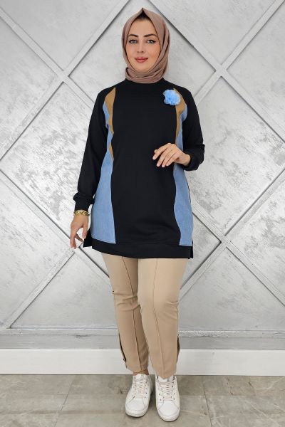 KADIN KOMBİNLİ TÜL ÇİÇEK DETAYLI TESETTÜR TUNİK SİYAH - 4 BEDEN