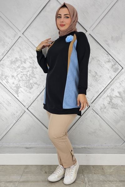 KADIN KOMBİNLİ TÜL ÇİÇEK DETAYLI TESETTÜR TUNİK SİYAH - 2 BEDEN