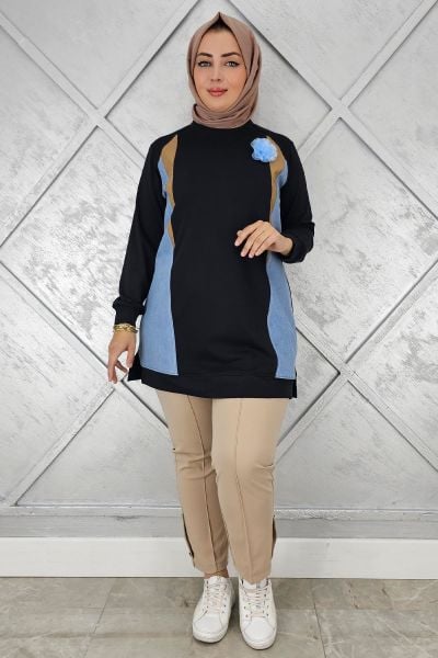 KADIN KOMBİNLİ TÜL ÇİÇEK DETAYLI TESETTÜR TUNİK SİYAH - 2 BEDEN