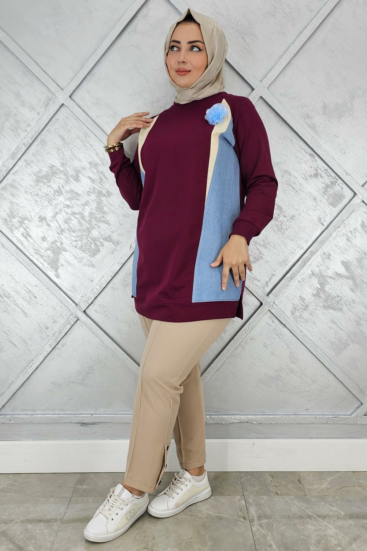 KADIN KOMBİNLİ TÜL ÇİÇEK DETAYLI TESETTÜR TUNİK BORDO - 5 BEDEN